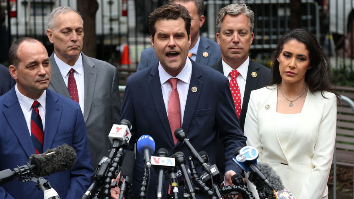 Rep. Matt Gaetz (R-FL) speaks alongside House Republicans during a press conference at Collect Pond Park outside of Manhattan Criminal Court during former U.S. President Donald Trump's hush money trial on May 16, 2024 in New York City. Michael Cohen, former U.S. President Donald Trump's former attorney, is taking the stand again today to continue his cross examination by the defense in the former president's hush money trial. Cohen's $130,000 payment to Stormy Daniels is tied to Trump's 34 felony counts of falsifying business records in the first of his criminal cases to go to trial.