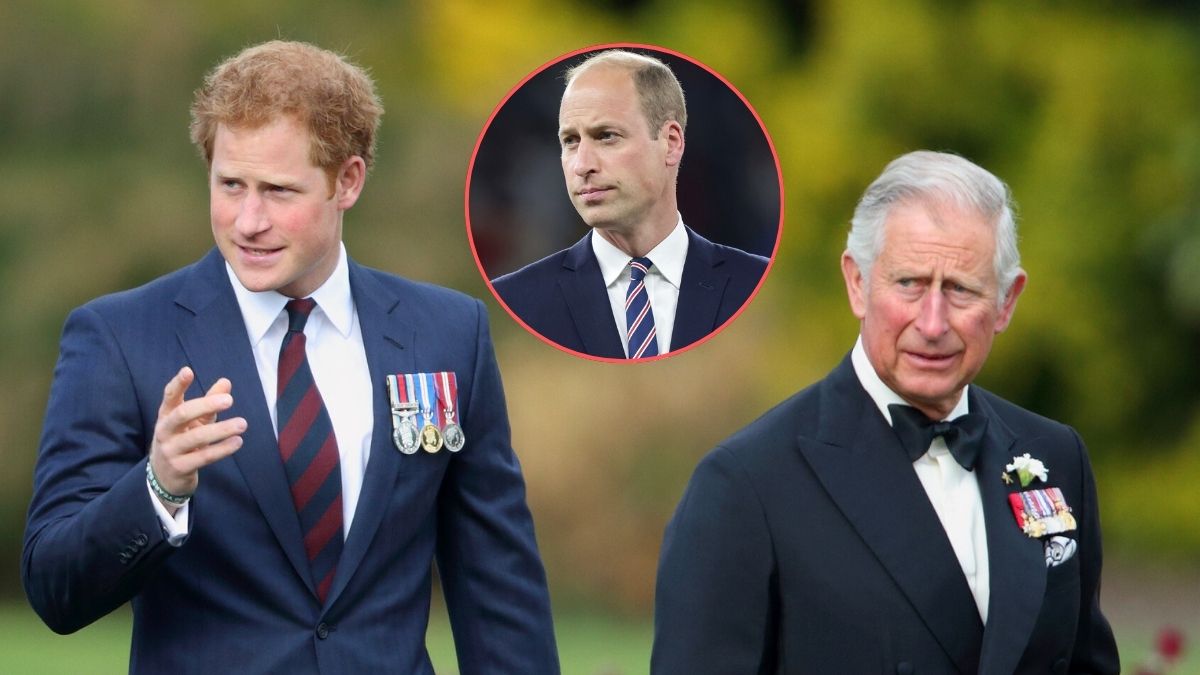 Prince Harry and Prince Charles, Prince of Wales attend the Gurkha 200 Pageant at the Royal Hospital Chelsea on June 9, 2015 in London, England/Prince William of England looks on during the UEFA EURO 2024 final match between Spain and England at Olympiastadion on July 14, 2024 in Berlin, Germany