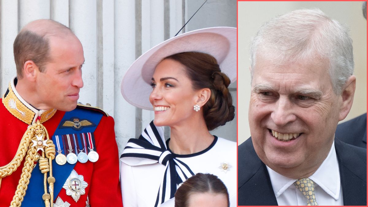 Prince William, Prince of Wales (Colonel of the Welsh Guards) and Catherine, Princess of Wales watch an RAF flypast from the balcony of Buckingham Palace after attending Trooping the Colour on June 15, 2024 in London, England/Prince Andrew, Duke of York attends the Easter Service at Windsor Castle on March 31, 2024 in Windsor, England