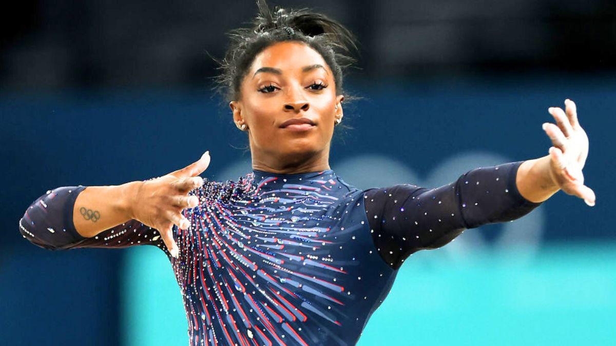 PARIS, FRANCE - JULY 25: Simone Biles of Team United States practices during a Gymnastics training session in the Bercy Arena ahead of the Paris 2024 Olympic Games on July 25, 2024 in Paris, France.