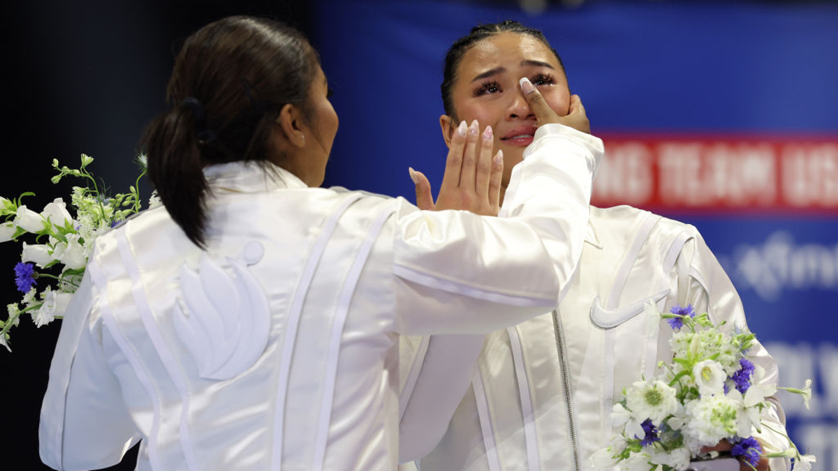 Jordan Chiles and Suni Lee celebrate after being selected for the 2024 U.S. Olympic Women's Gymnastics Team on Day Four of the 2024 U.S. Olympic Team Gymnastics Trials at Target Center on June 30, 2024 in Minneapolis, Minnesota. 