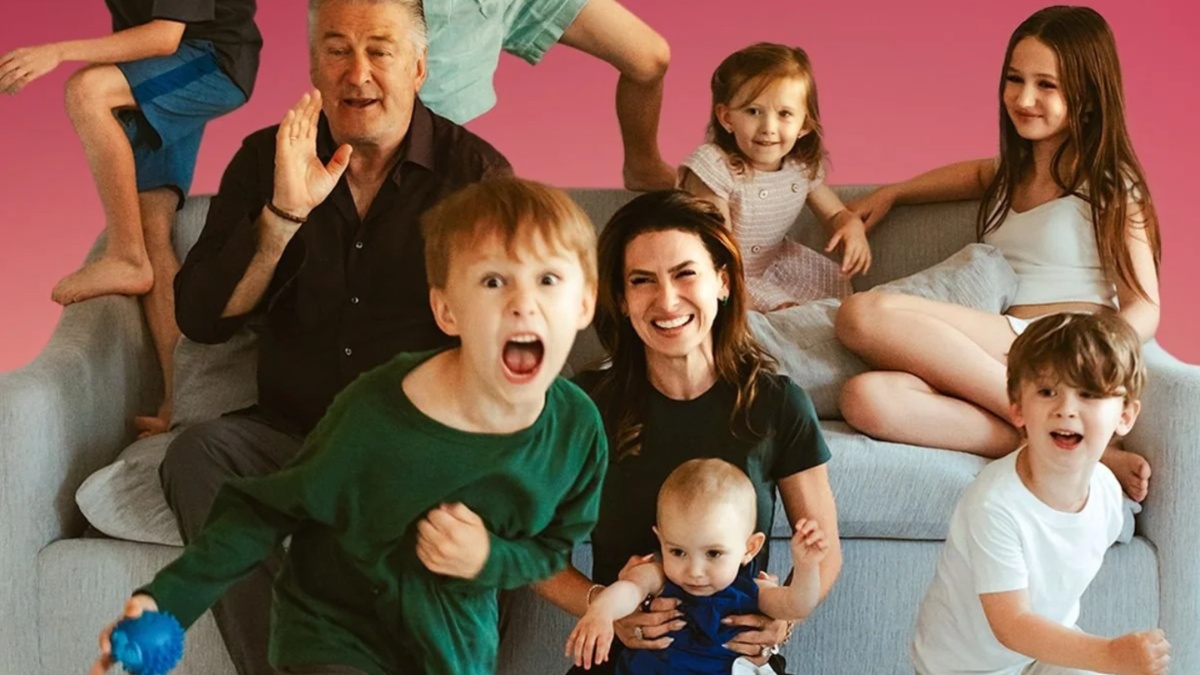 Alec and Hilaria baldwin with their seven shared children in a promotional shot for 'The Baldwins'