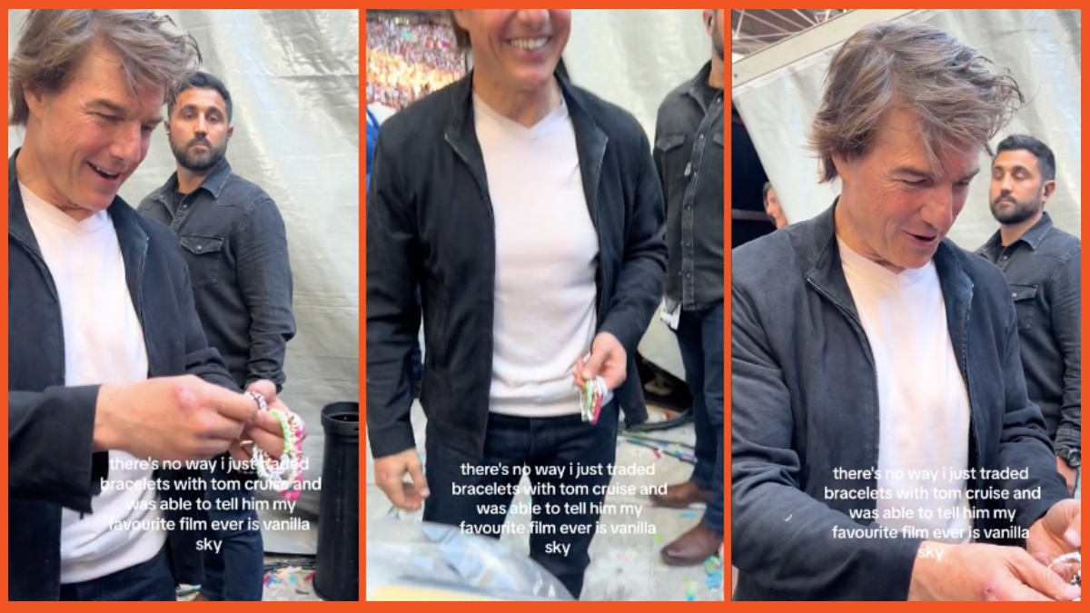 Tom Cruise accepts friendship bracelets at the Taylor Swift Eras Tour