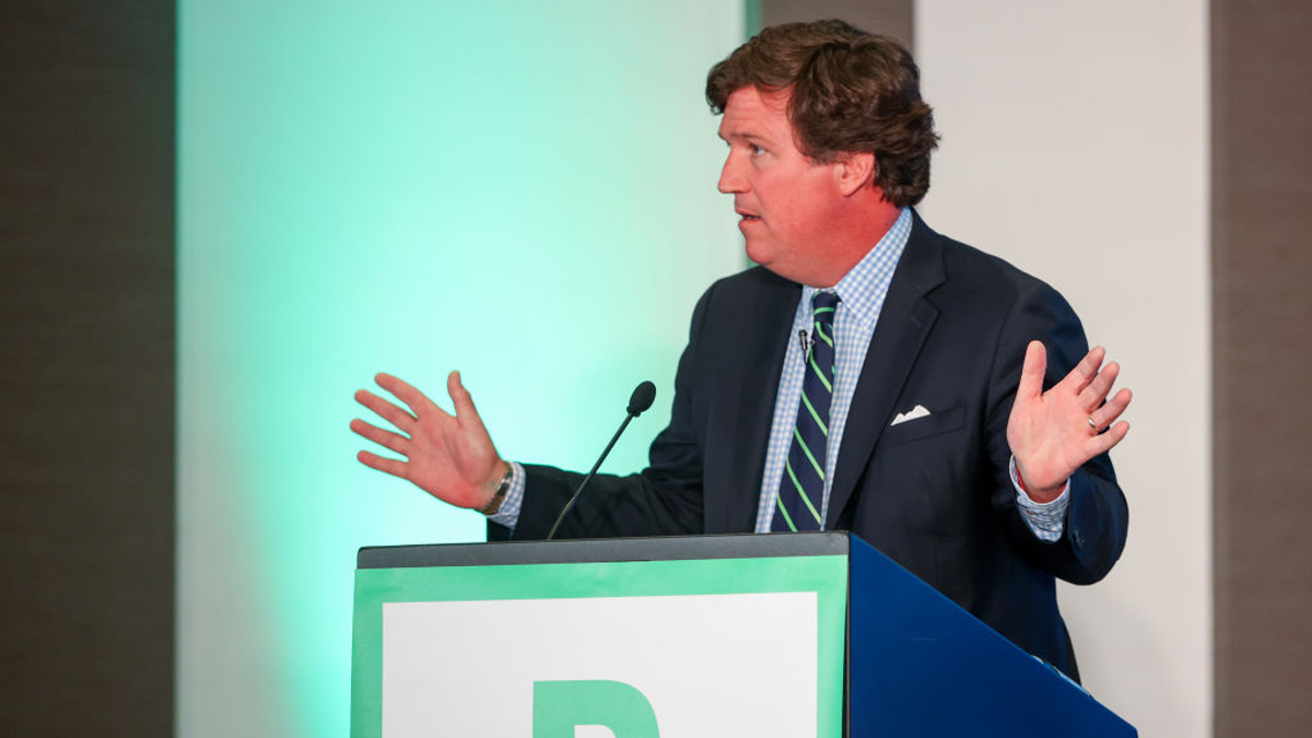 LAS VEGAS, NEVADA - NOVEMBER 20: Tucker Carlson speaks during RiskOn360! GlobalSuccess Conference at Ahern Hotel and Convention Center on November 20, 2023 in Las Vegas, Nevada.