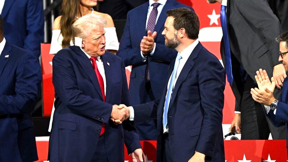 Republican presidential candidate, former U.S. President Donald Trump (L) and Republican Vice Presidential candidate, U.S. Sen. J.D. Vance (R-OH) appear on the first day of the Republican National Convention at the Fiserv Forum on July 15, 2024 in Milwaukee, Wisconsin. Delegates, politicians, and the Republican faithful are in Milwaukee for the annual convention, concluding with former President Donald Trump accepting his party's presidential nomination. The RNC takes place from July 15-18.