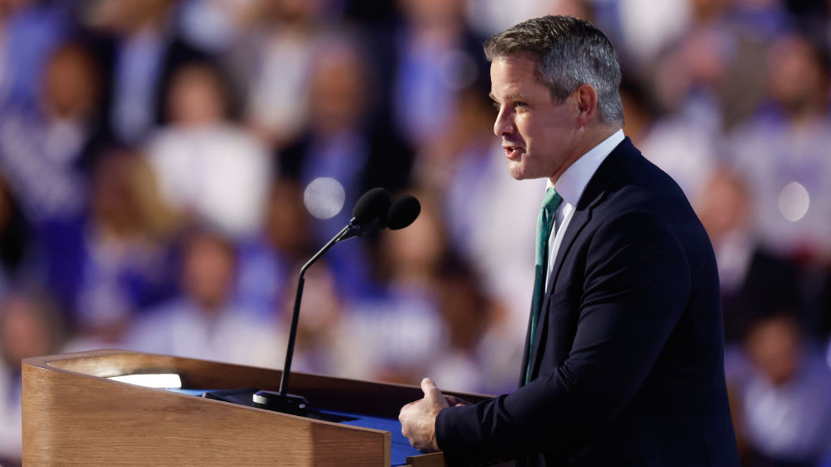 Former U.S. Rep. Adam Kinzinger (R-Il) speaks on stage during the final day of the Democratic National Convention at the United Center on August 22, 2024 in Chicago, Illinois. Delegates, politicians, and Democratic Party supporters are gathering in Chicago, as current Vice President Kamala Harris is named her party's presidential nominee. The DNC takes place from August 19-22.