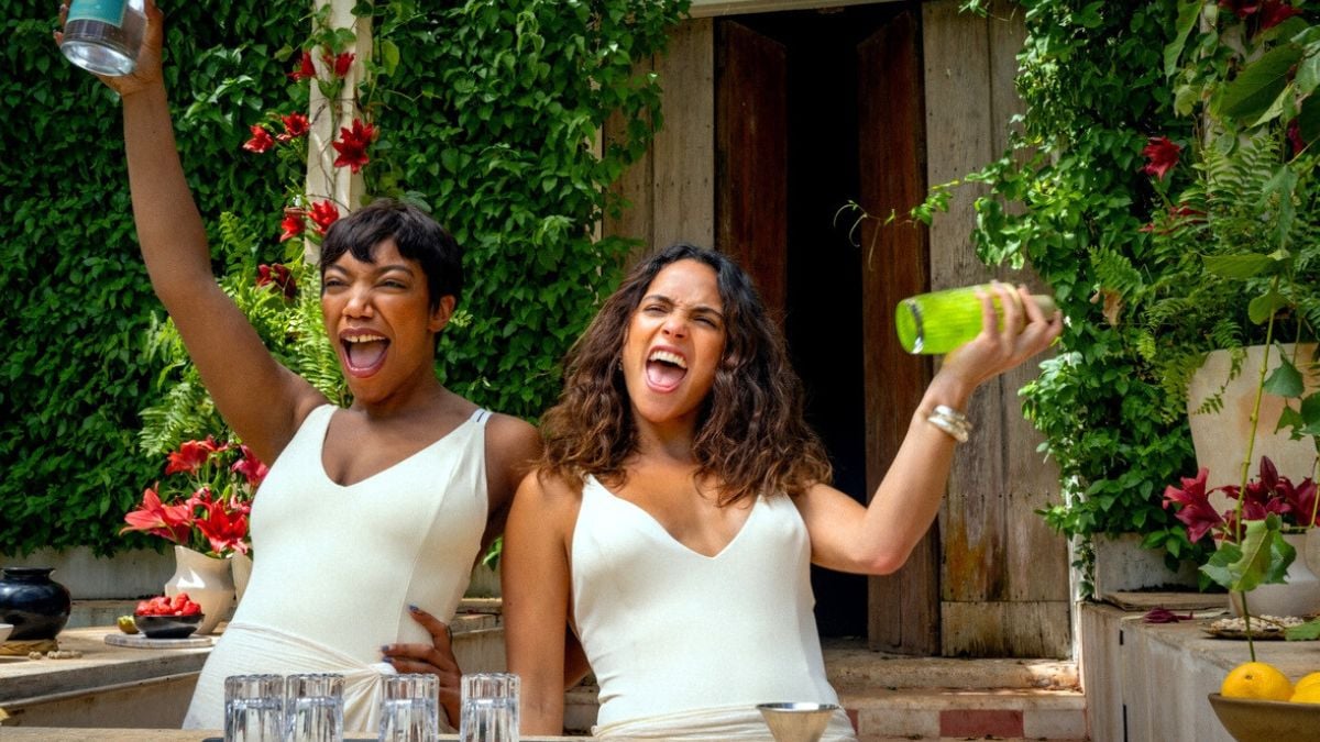 Adria Arjona as Sarah and Naomi Ackie as Frida in director Zoë Kravitz’s Blink Twice