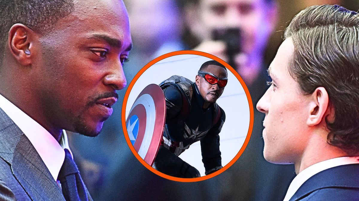 Photo montage of Tom Holland and Anthony Mackie at the the European film premiere of "Captain America: Civil War" at Vue Westfield on April 26, 2016 in London, England and of Mackie as Captain America in 'Captain America: Brave New World'.