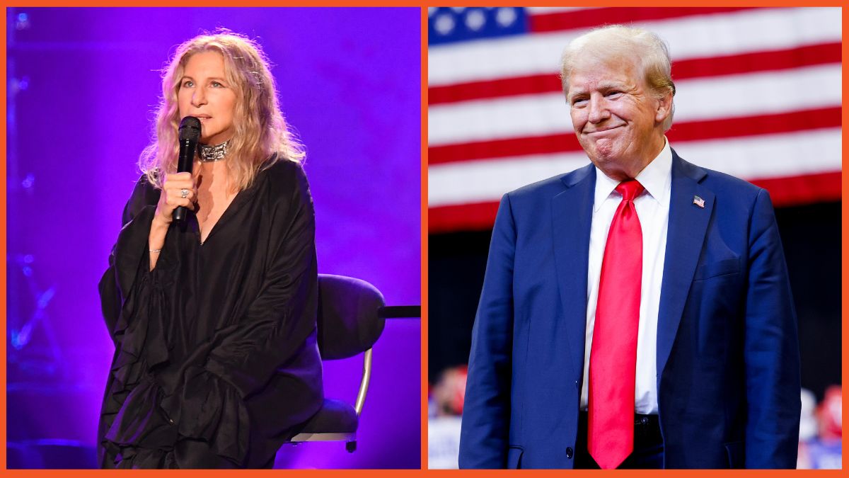 Barbra Streisand performs onstage at United Center on August 06, 2019 in Chicago, Illinois, and Donald Trump walks toward the stage to speak at a rally at the Brick Breeden Fieldhouse at Montana State University