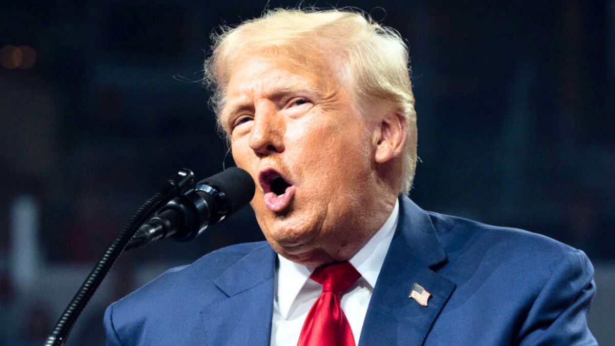 Republican presidential nominee, former U.S. President Donald Trump speaks during a campaign rally at Desert Diamond Arena on August 23, 2024 in Glendale, Arizona. The rally, held in partnership with Turning Point PAC and Turning Point Action, comes come two weeks after Democratic presidential nominee U.S. Vice President Harris held a rally at the same location.