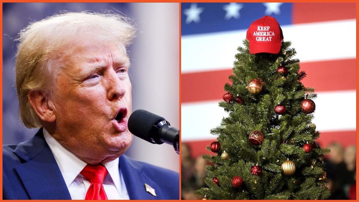 Republican presidential nominee, former U.S. President Donald Trump speaks at a rally at the Brick Breeden Fieldhouse at Montana State University / A hat tops off a Christmas tree at a "Merry Christmas" rally hosted by U.S. President Donald Trump