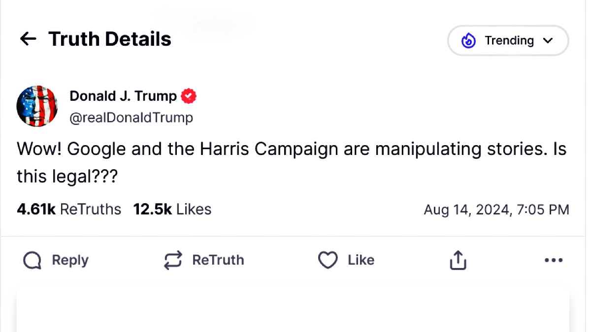 Donald Trump blames Google and Kamala Harris