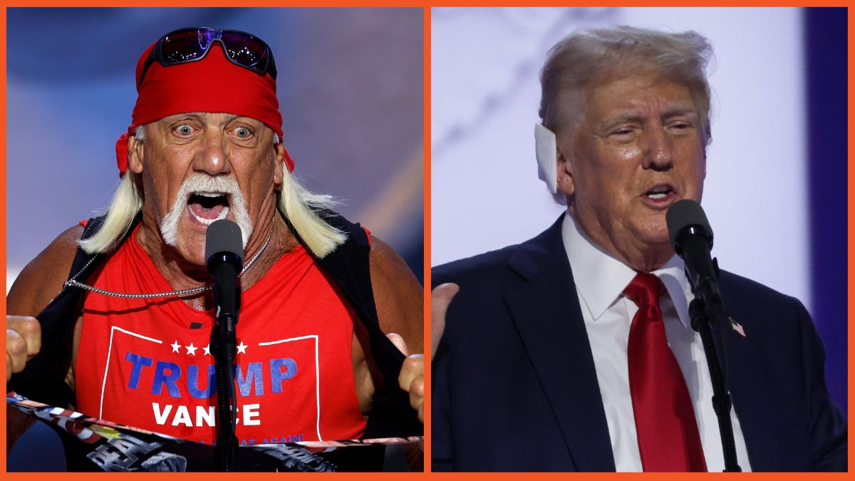 Donald Trump speaks after officially accepting the Republican presidential nomination and Hulk Hogan rips his shirt as he speaks on stage on the fourth day of the Republican National Convention