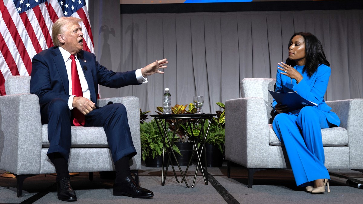 Republican presidential candidate former President Donald Trump speaks with Rachel Scott, senior congressional correspondent for ABC News during a question and answer session at the National Association of Black Journalists (NABJ) convention at the Hilton Hotel on July 31, 2024 in Chicago, Illinois. Trump also fielded questions from Harris Faulkner, anchor of The Faulkner Focus on FOX News and Kadia Goba, politics reporter at Semafor during the event.