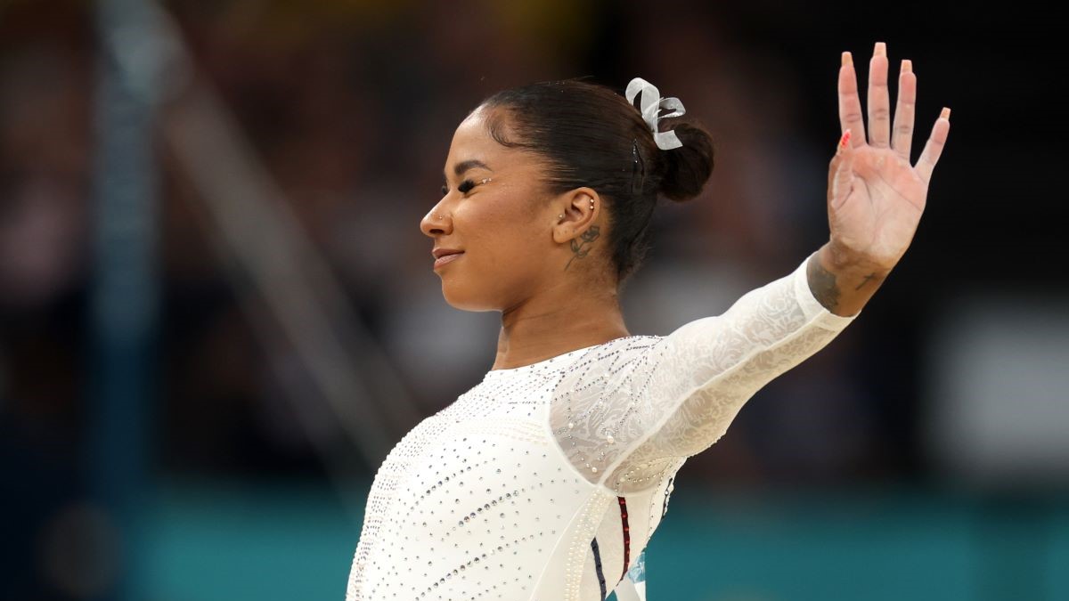 PARIS, FRANCE - AUGUST 05: Jordan Chiles of Team United States competes in the Artistic Gymnastics Women's Floor Exercise Final on day ten of the Olympic Games Paris 2024 at Bercy Arena on August 05, 2024 in Paris, France. (Photo by Jamie Squire/Getty Images)