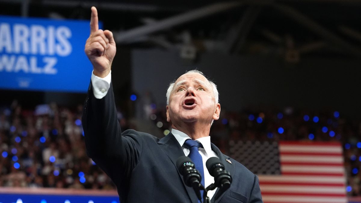 PHILADELPHIA, PENNSYLVANIA - AUGUST 6: Democratic vice presidential candidate Minnesota Gov. Tim Walz speaks during a campaign rally with Democratic presidential candidate, U.S. Vice President Kamala Harris at the Liacouras Center at Temple University on August 6, 2024 in Philadelphia, Pennsylvania. Harris ended weeks of speculation about who her running mate would be, selecting the 60-year-old midwestern governor over other candidates. (Photo by Andrew Harnik/Getty Images)