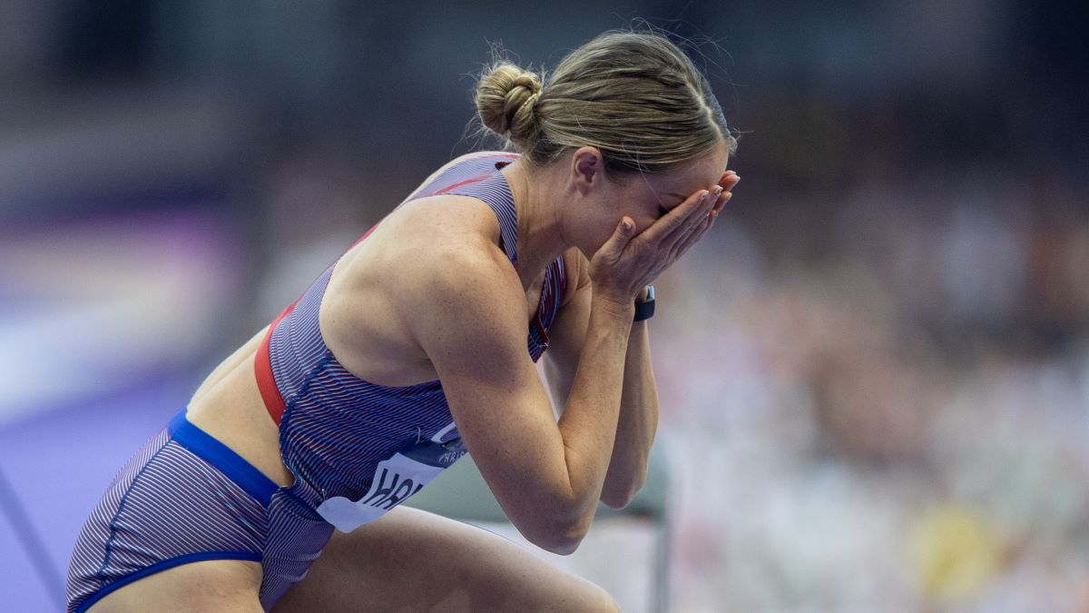 Chari Hawkins of the United States distraught after three failed attempts during the Women's Heptathlon High Jump competition during the Athletics Competition at the Stade de France during the Paris 2024 Summer Olympic Games on August 8th, 2024, in Paris, France. (Photo by Tim Clayton/Corbis via Getty Images)