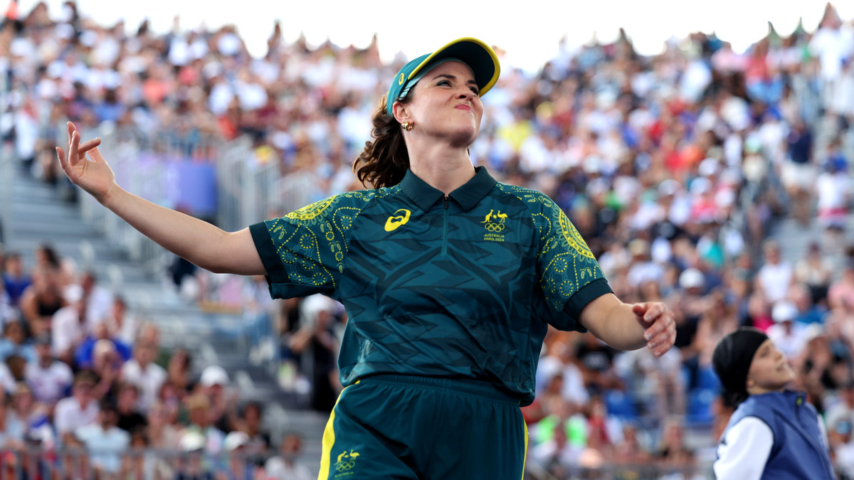 PARIS, FRANCE - AUGUST 09: B-Girl Raygun of Team Australia reacts during the B-Girls Round Robin - Group B on day fourteen of the Olympic Games Paris 2024 at Place de la Concorde on August 09, 2024 in Paris, France.