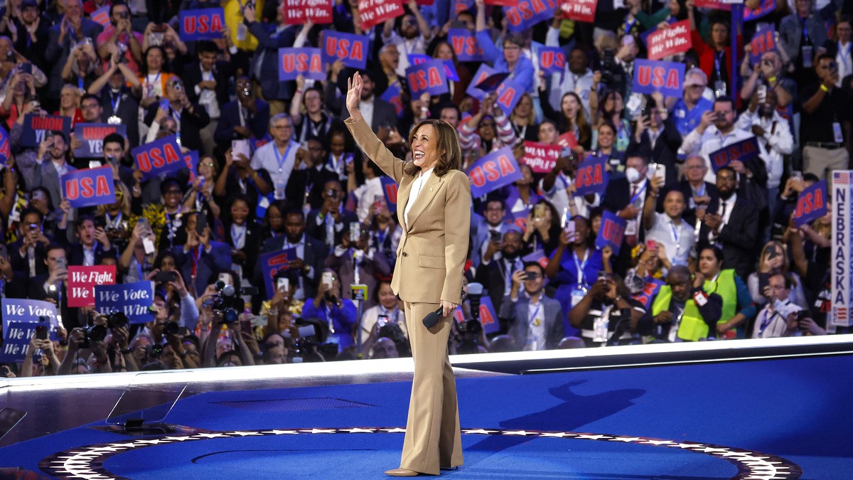 Democratic presidential candidate, U.S. Vice President Kamala Harris speaks onstage during the first day of the Democratic National Convention at the United Center on August 19, 2024 in Chicago, Illinois