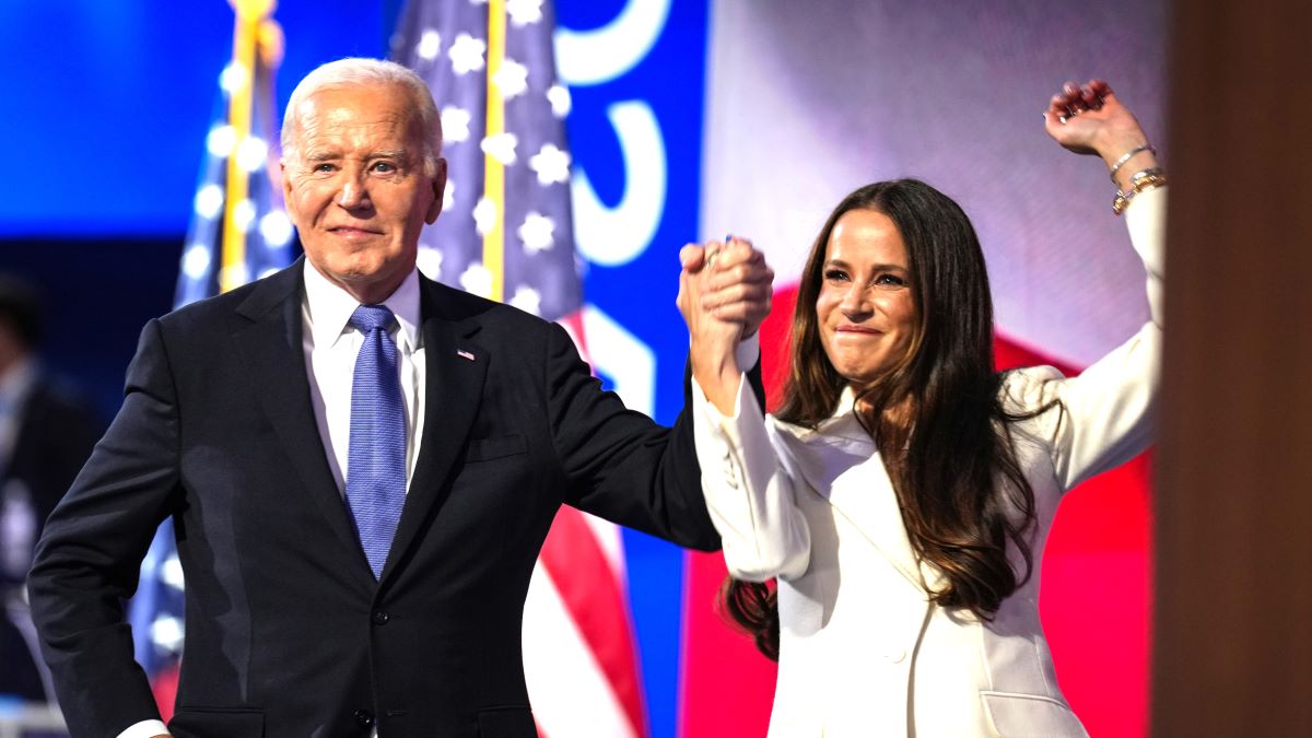 U.S. President Joe Biden greets First Daughter Ashley Biden during the first day of the Democratic National Convention at the United Center on August 19, 2024 in Chicago, Illinois. Delegates, politicians, and Democratic party supporters are in Chicago for the convention, concluding with current Vice President Kamala Harris accepting her party's presidential nomination. The DNC takes place from August 19-22. (Photo by Andrew Harnik/Getty Images)