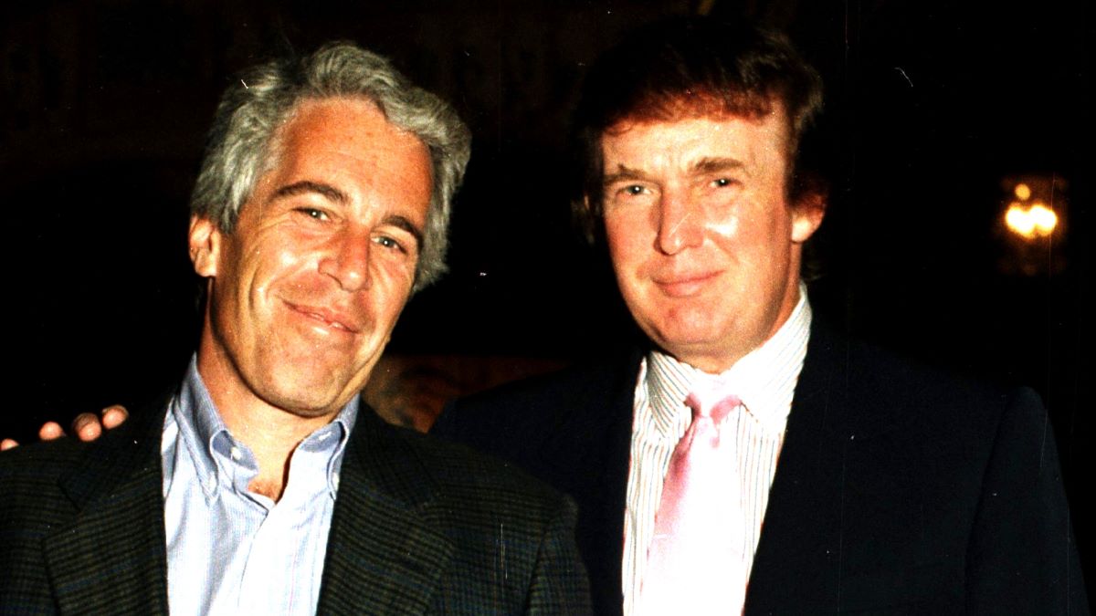 Portrait of American financier Jeffrey Epstein (left) and real estate developer Donald Trump as they pose together at the Mar-a-Lago estate, Palm Beach, Florida, 1997. (Photo by Davidoff Studios/Getty Images)