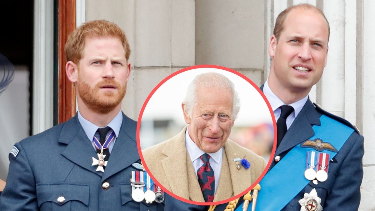 Prince Harry, Duke of Sussex and Prince William, Duke of Cambridge watch a flypast to mark the centenary of the Royal Air Force from the balcony of Buckingham Palace on July 10, 2018 in London, England/King Charles III attends at The 2024 Mey Highland Games at John O'Groats Park on August 03, 2024 in Edinburgh, Scotland