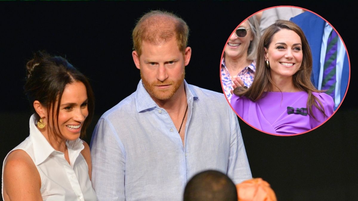 Prince Harry, Duke of Sussex, and Meghan, Duchess of Sussex are seen at the Afro Women and Power Forum at the Municipal Theater of Calid during a visit around Colombia on August 18, 2024 in Cali, Colombia./Catherine Princess of Wales court-side of Centre Court during the men's final on day fourteen of the Wimbledon Tennis Championships at the All England Lawn Tennis and Croquet Club on July 14, 2024 in London, England.