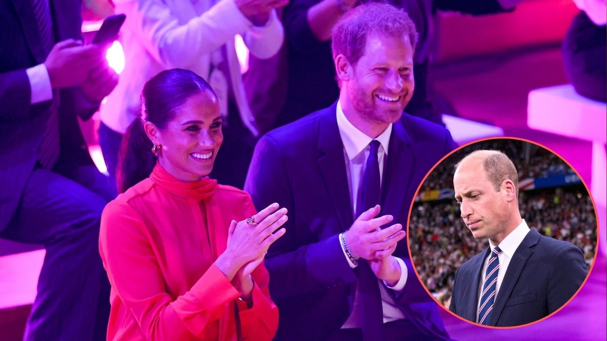 Meghan, Duchess of Sussex and Prince Harry, Duke of Sussex clapping during the Opening Ceremony of the One Young World Summit 2022 at The Bridgewater Hall on September 05, 2022 in Manchester, England/The Prince of Wales, Prince William gets into the field for winners awards during the UEFA EURO 2024 final match between Spain and England at Olympiastadion on July 14, 2024 in Berlin, Germany