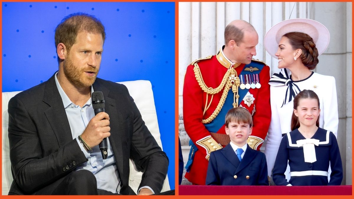 Prince Harry, Duke of Sussex speaks onstage during a forum about digital responsibility at EAN University during a visit around Colombia on August 15, 2024 in Bogota, Colombia/Prince George of Wales, Prince William, Prince of Wales, Prince Louis of Wales, Catherine, Princess of Wales and Princess Charlotte of Wales on the balcony during Trooping the Colour at Buckingham Palace on June 15, 2024 in London, England.