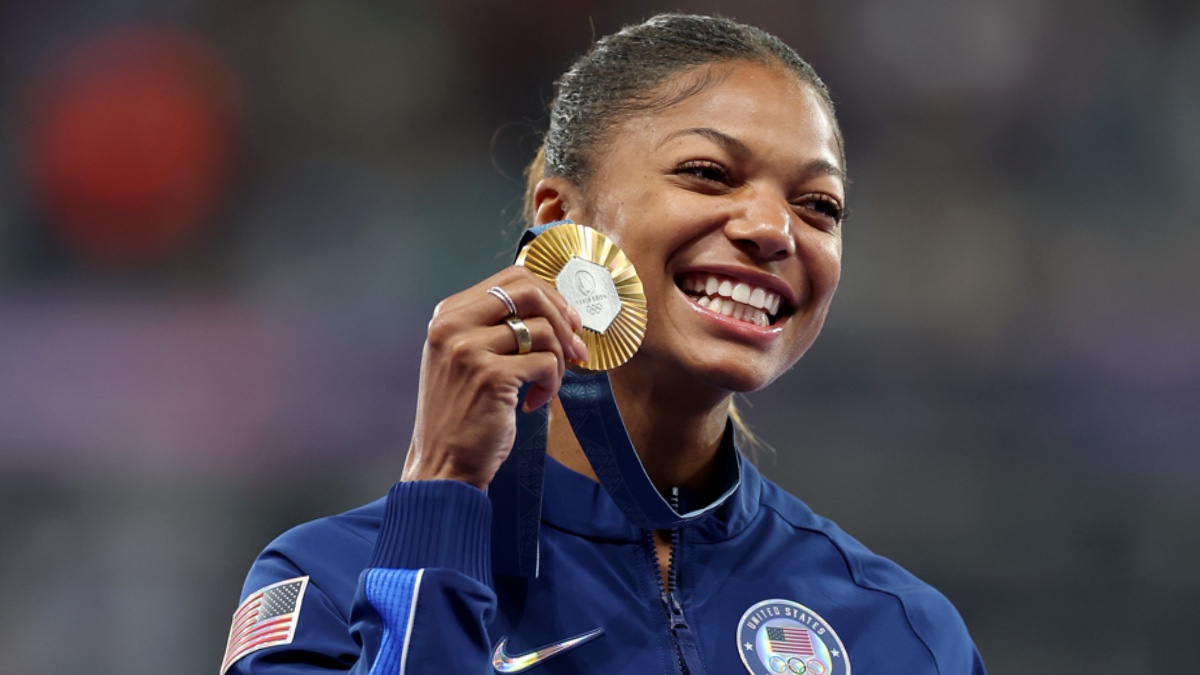 Gabby Thomas with gold medal at 2024 Olympics