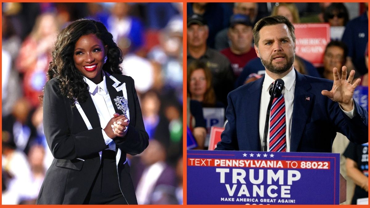 Rep. Jasmine Crockett (D-TX) appears onstage during the first day of the Democratic National Convention at the United Center on August 19, 2024 in Chicago, Illinois/Republican vice presidential nominee, U.S. Sen. J.D. Vance (R-OH) speaks at a rally at trucking company, Team Hardinger on August 28, 2024 in Erie, Pennsylvania.