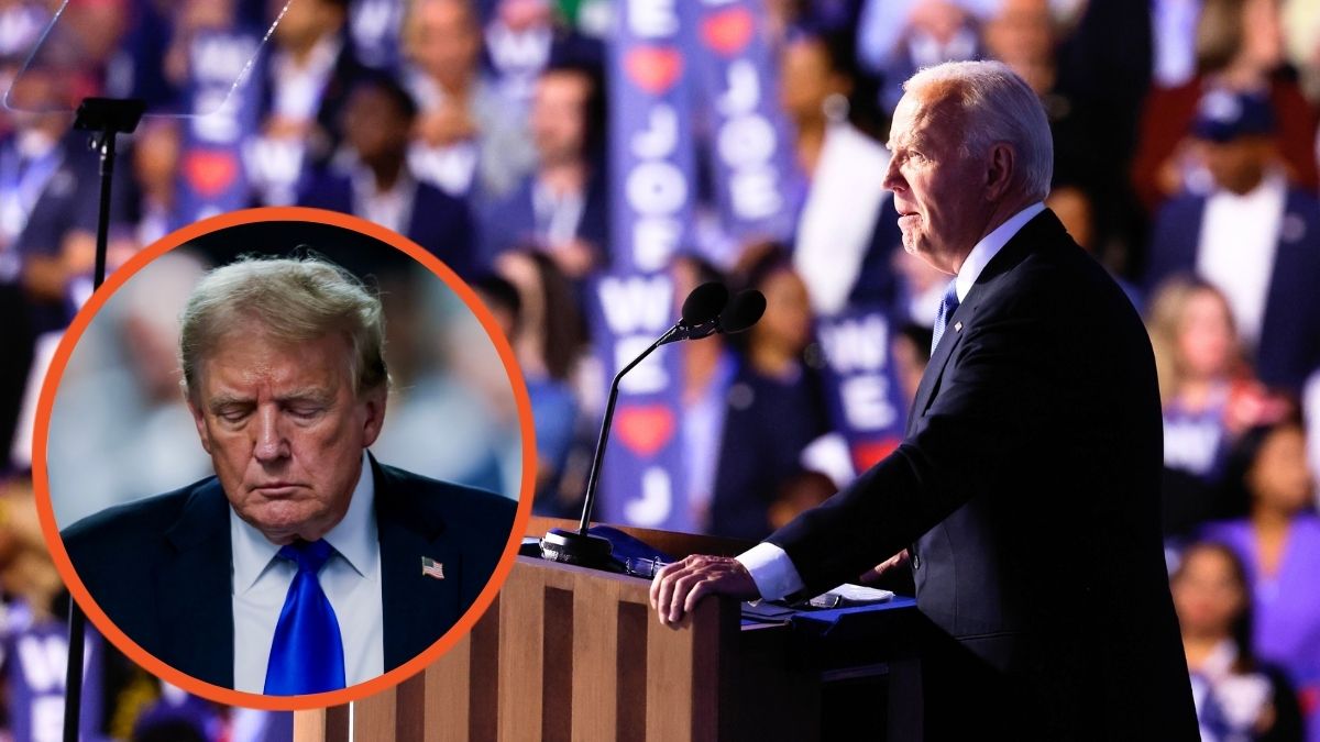 Joe Biden speaks onstage during the first day of the Democratic National Convention and Donald Trump departs the courtroom after being found guilty on all 34 counts in his hush money trial