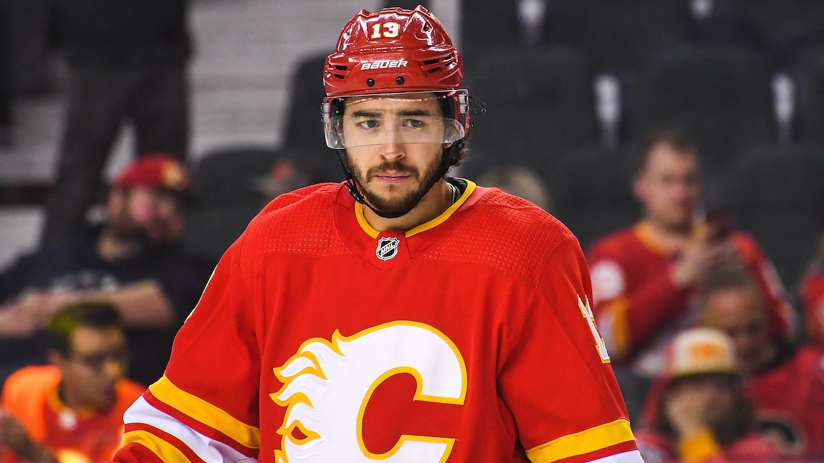 Johnny Gaudreau #13 of the Calgary Flames in action against the Seattle Kraken during an NHL game