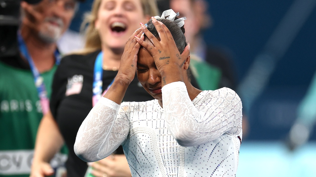 Jordan Chiles of Team United States celebrates winning the bronze medal after competing in the Artistic Gymnastics Women's Floor Exercise Final