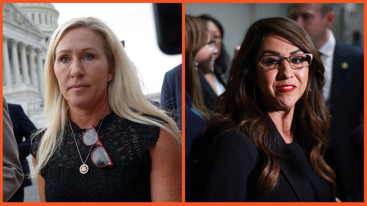 Lauren Boebert (R-CO) leaves a House Republican caucus meeting and Marjorie Taylor Green talkes to members of the press while exiting the U.S. Capitol