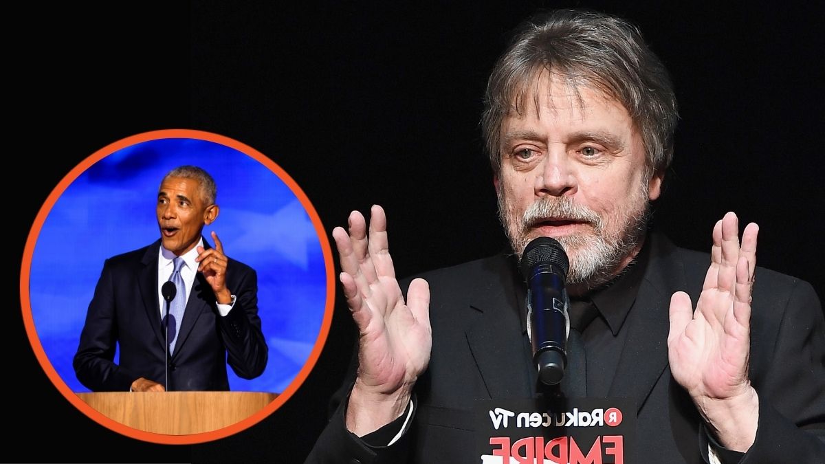 Mark Hamill receives the EMPIRE Icon award on stage and Barack Obama speaks on stage during the second day of the Democratic National Convention