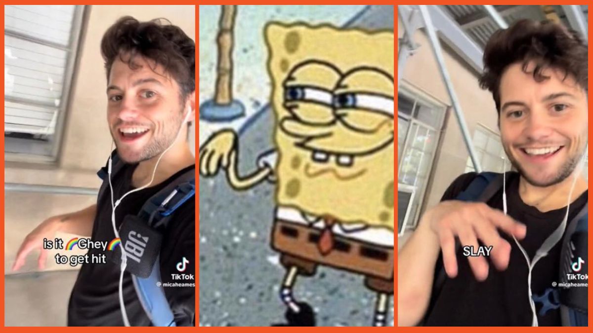 A split image of Micah Eames on TikTok, and SpongeBob SquarePants making the "limp wrist" and smiling