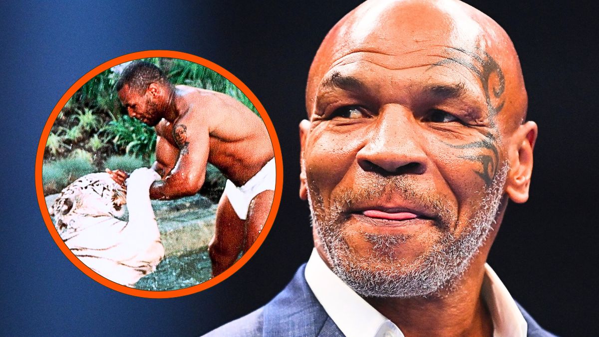 Photo montage of Mike Tyson prior to the Heavyweight fight between Tyson Fury and Francis Ngannou at Boulevard Hall on October 28, 2023 in Riyadh, Saudi Arabia and the boxer and his pet tiger in the '90s in his Las Vegas home.