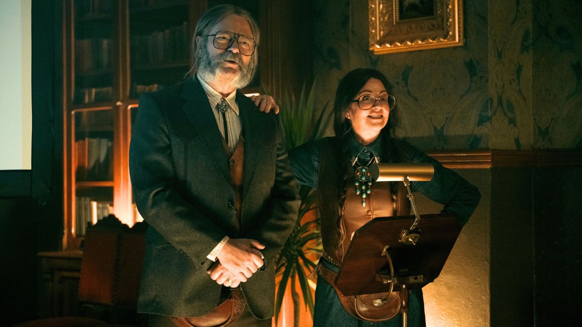 Nick Offerman as Dr. Gene Thibedeau and Megan Mullally as Dr. Jean Thibedeau in Netflix The Umbrella Academy Season 4