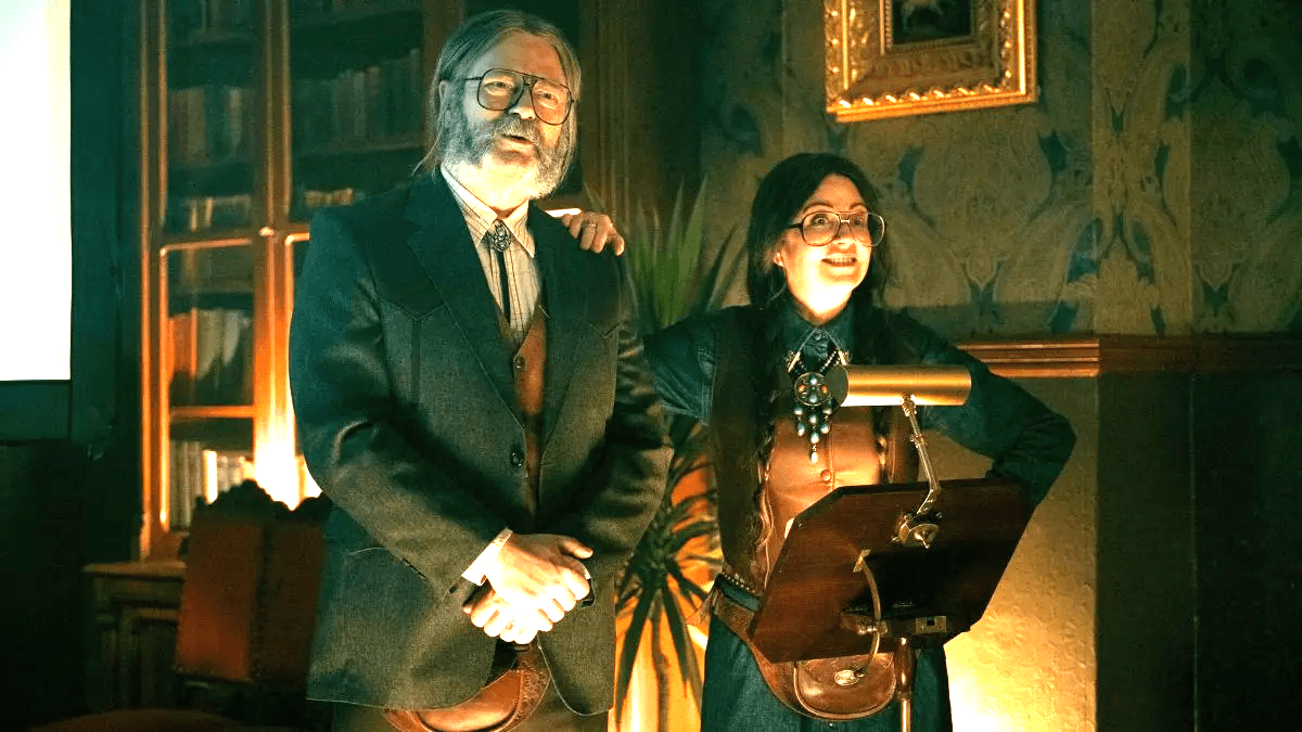 Nick Offerman as Dr. Gene Thibedeau and Megan Mullally as Dr. Jean Thibedeau in Netflix The Umbrella Academy Season 4