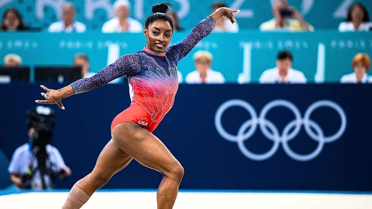 Simone Biles of Team United States in action Artistic Gymnastics Women's Floor Exercise Final on day ten of the Olympic Games Paris 2024 at the Bercy Arena on August 5, 2024 in Paris, France.