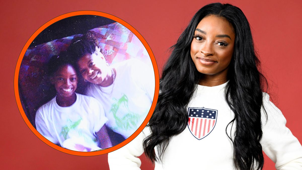 Photo montage of Simone Biles at a Paris 2024 Olympics photoshoot and of the gymnast and her biological mother in 2010. 