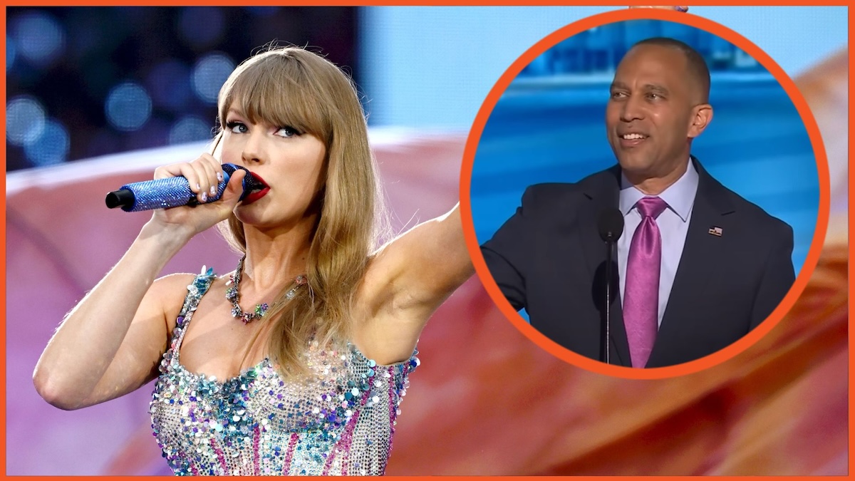 Taylor Swift performs on stage during the "Taylor Swift | The Eras Tour" at Wembley Stadium / Photo of Hakeem Jeffries speaking at the DNC 2024 in an orange circle