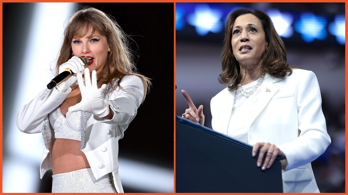 (L)Taylor Swift wearing white performs on stage during "Taylor Swift | The Eras Tour" (R) Democratic presidential nominee, U.S. Vice President Kamala Harris, wearing white, speaks at a campaign rally