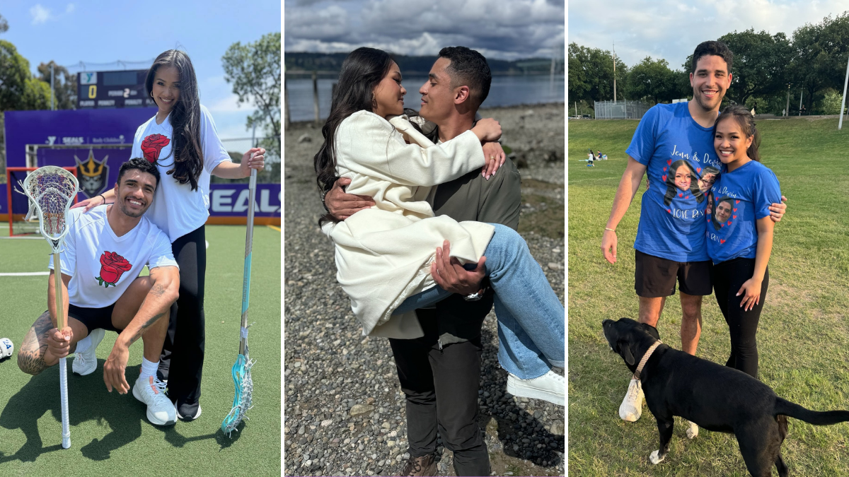 Three-split image of Jenn Tran from 'The Bachlorette' with her eligible bachelors.