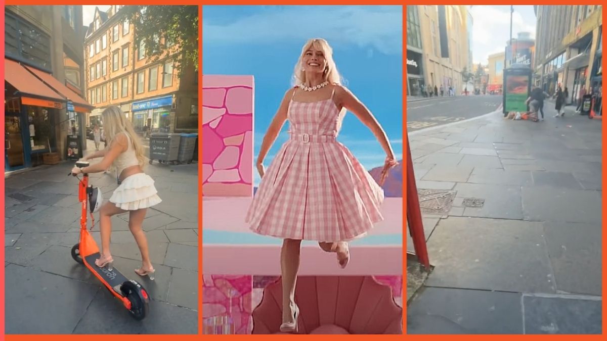 TikTok screenshots of a blonde woman riding an e-scooter/Margot Robbie hovers above the ground as Barbie