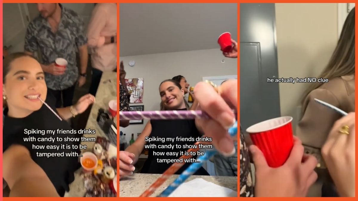 TikTok screenshots of a woman spiking drinks with candy