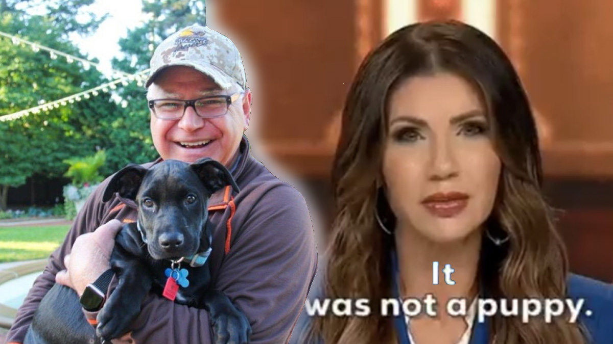 Tim Walz holding a dog next to puppy killer Kristi Noem