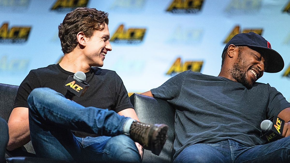 Tom Holland (L) and Anthony Mackie speak on stage during a Civil War Cast conversation at ACE Comic Con at WaMu Theatre on June 23, 2018 in Seattle, Washington. 