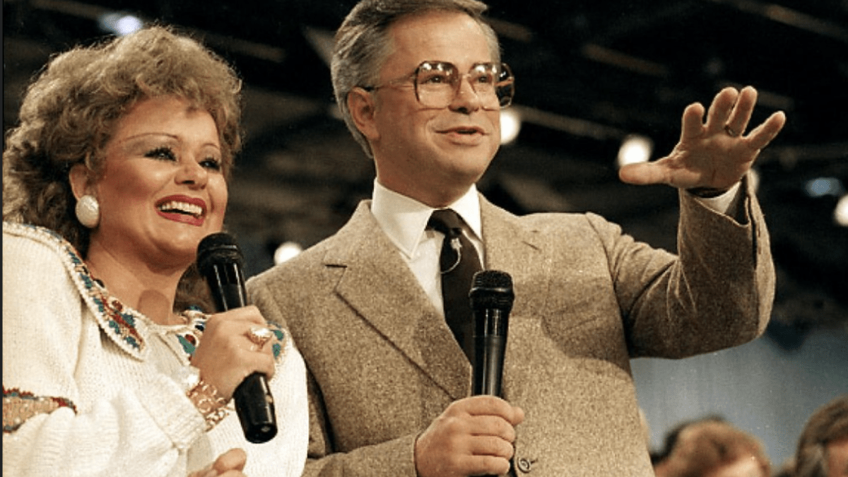 Tammy Faye and Jim Bakker during a PTL broadcast (circa 1986)